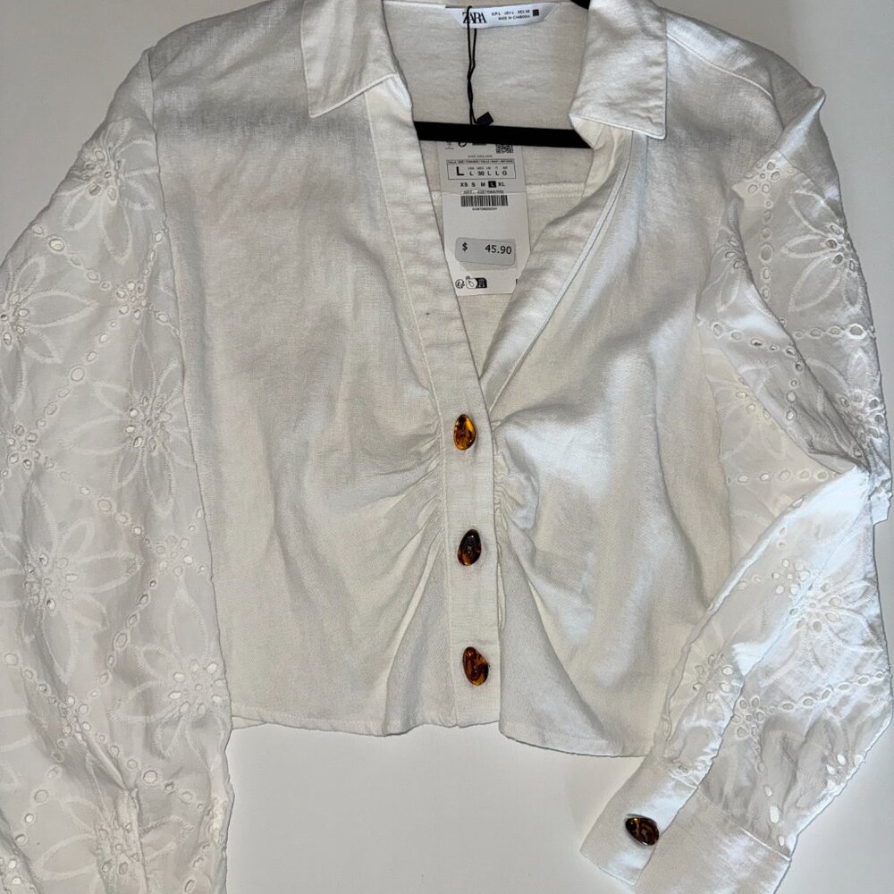 Zara white linen long sleeve crop top